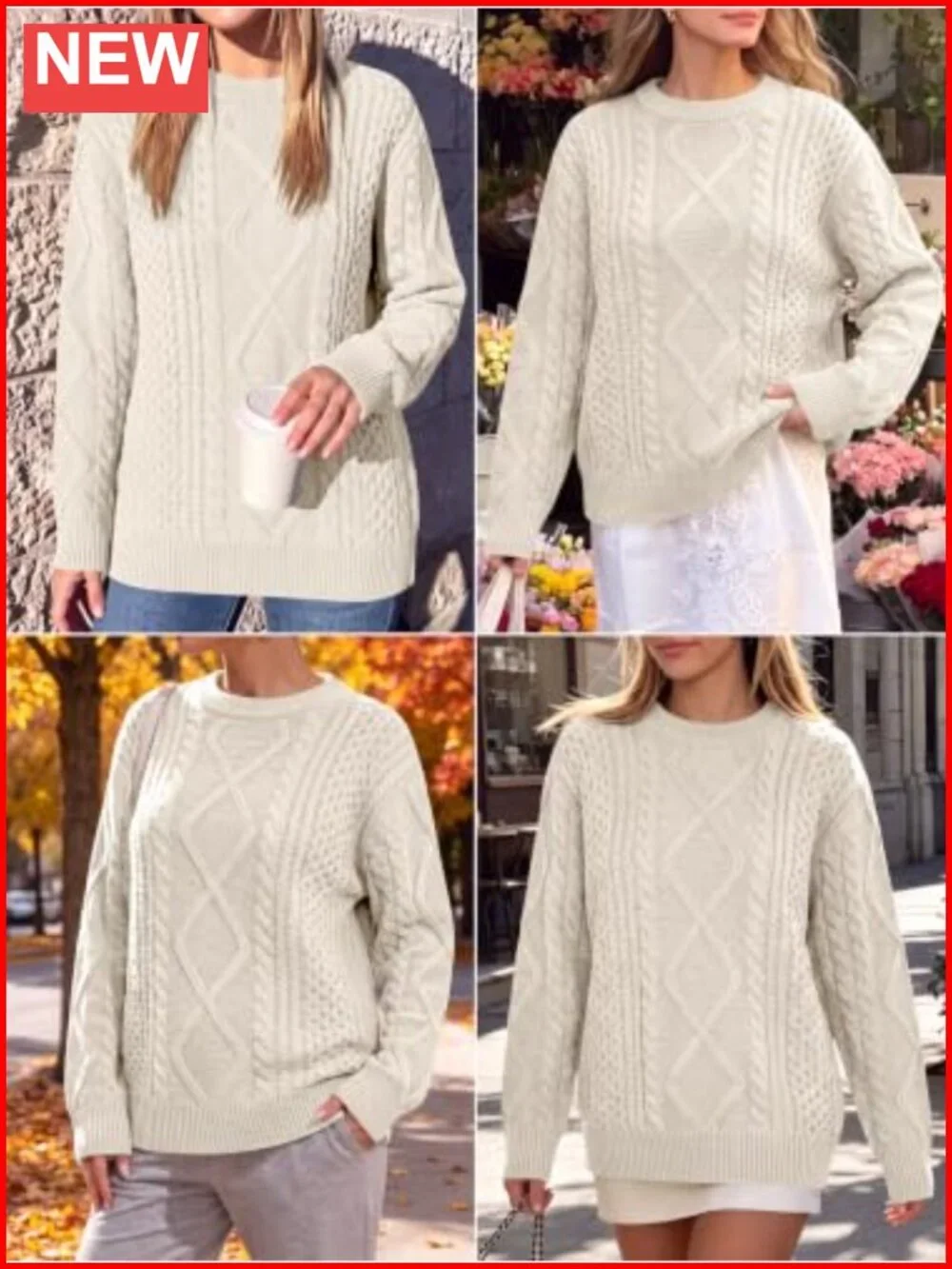 Oversized Cable Knit Pullover Sweater Crewneck Long Sleeve Acrylic